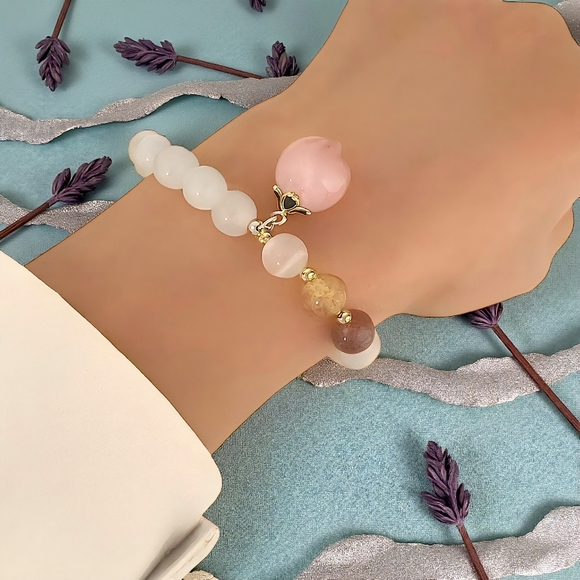 Elegant Natural Opal Beaded Dainty Stretchy Bracelet Pink Peach Charm - Picture 9 of 15